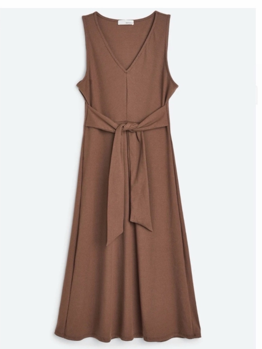 Heatherly, Ribbed Sleeveless V-Neck Midi Dress with Self-Tie Waist